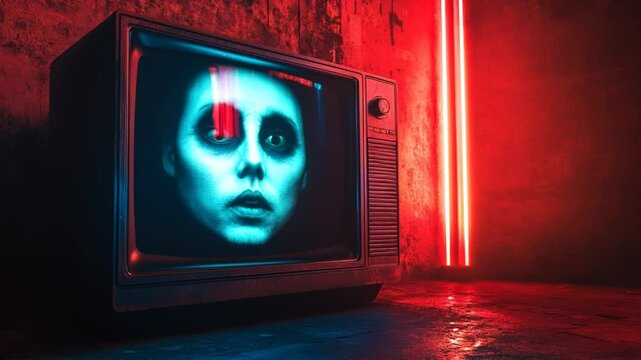 Retro TV and the Enigmatic Figure: A vintage television set becomes the eerie portal to an uncanny realm, its screen revealing a spectral face bathed in a mysterious light.