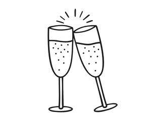 two glasses of champagne icon doodle hand drawn. Outline line drawing clipart symbol