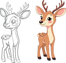 Vsai cute baby deer fawn smiling and standing, coloring page included