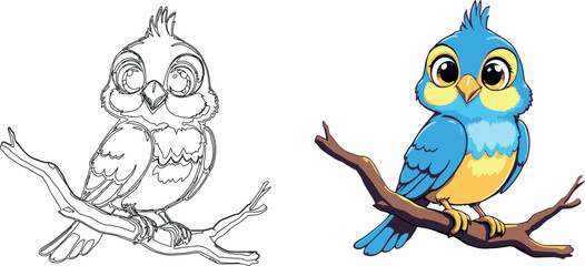 Vsai cute blue bird perched on branch with line art version