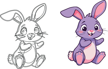 Vsai cute purple bunny presenting and smiling with its coloring page version