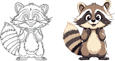 Obraz premium Vsai cute raccoon cartoon character smiling and showing coloring page