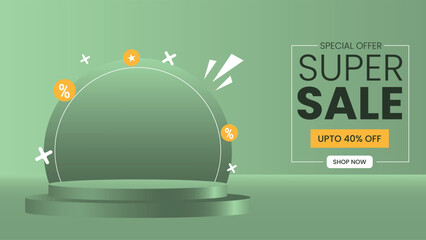 Modern green stage with super sale text and discount label ideal for online shopping or promotion ads