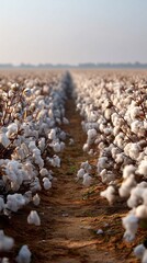 Serene Cotton Field Path Rows of Fluffy White Cotton Bolls at Sunrise