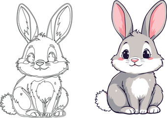 Vsai cute cartoon bunny rabbit sitting and smiling, coloring page included