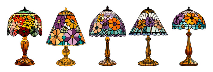 Set of vintage table lamps with floral colorful design. vector art illustrations isolated 