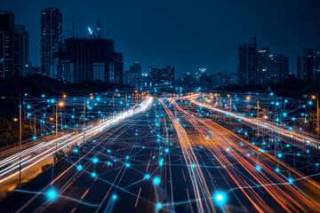 City highway at night glowing network connection futuristic technology