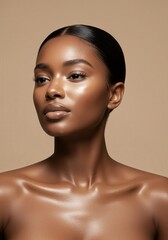 Elegant young woman with glowing dark skin and nude makeup