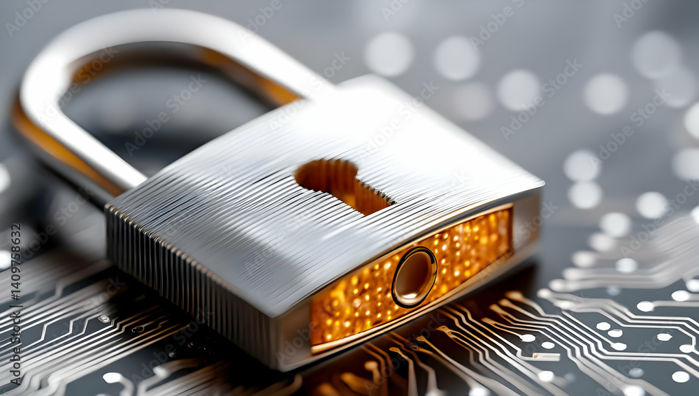 Poster close-up of a metallic padlock resting on a circuit board, symbolizing digital security and privacy 