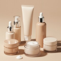 Set of beige skincare bottles and jars on neutral background