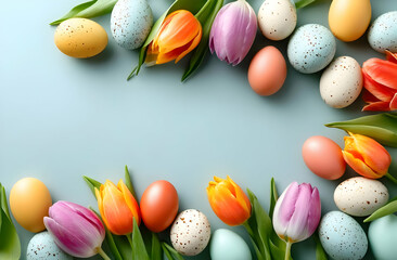 Colorful Easter eggs and fresh tulips arranged beautifully on a soft blue background, celebrating the joy of spring and renewal.