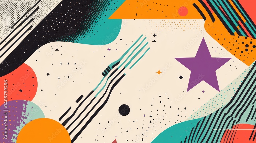 Poster a vibrant celebration of abstract shapes and cosmic elements creating a playful yet sophisticated vi