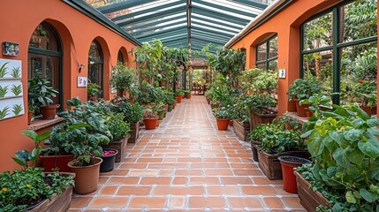 Naklejka premium Indoor garden corridor with potted plants brick floor and glass roof.