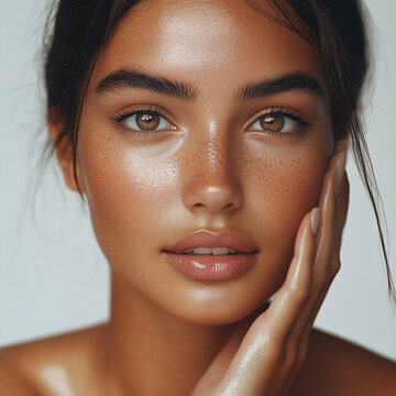 Portrait of a stunning young woman with radiant, flawless skin, gently touching her face. Showcasing perfect facial features and a healthy glow, set against a clean white background.