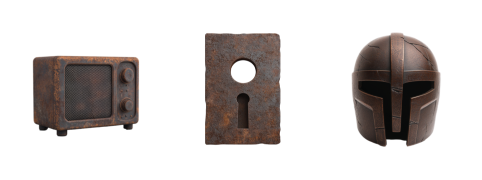 Rusty retro radio, ancient keyhole, and medieval helmet showcase vintage style