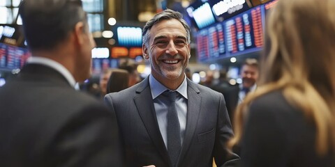 Fototapeta premium A man in a suit is smiling at the camera in a crowded room