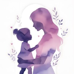 watercolor image of a silhouette of a mother and child in purple tones, Mother's Day, AI, isolate