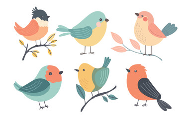 Cute cartoon birds perched on leafy branches with colorful feathers, playful poses, and soft pastel shades perfect for spring wildlife and nature illustrations.