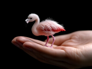 Fototapeta premium Tiny Pink Flamingo Perched Delicately in a Gentle Human Hand