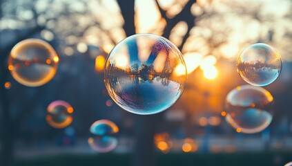 Sunset-lit soap bubbles float amidst blurred trees