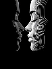 Abstract Dual Faces With Wavy Patterns Against a Black Background