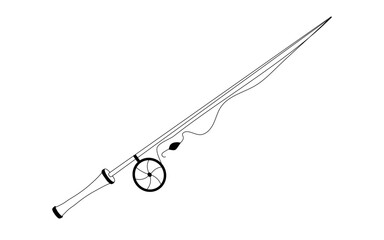 Hand drawn doodle fishing rod with reel, fishing line, hook, bait. Angler equipment, fish catching tool, spinner design element. Isolated on white background