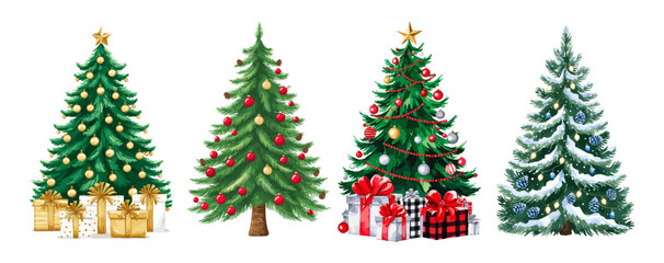 Fototapeta premium Set of Christmas tree flat vector illustrations. Wrapped presents near green spruce decorated. Winter holidays design elements. Traditional Xmas celebration symbols.
