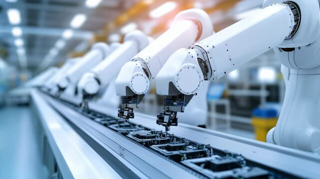 Industrial robotic arms assemble lithium-ion battery for electric vehicle. Row of white robotic arms on automated production line in bright modern factory. Electric vehicle production