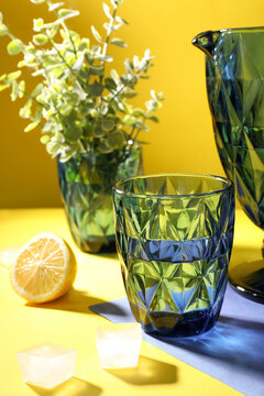 Blue faceted jug and glasses filled with water
