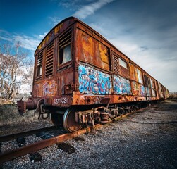 Obraz premium Rusty Abandoned Train Car with Graffiti Art on Railway Tracks Outdoors