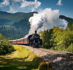 Fototapeta premium Majestic Steam Train Journey Through Mountainous Landscape Scenic Railroad Adventure