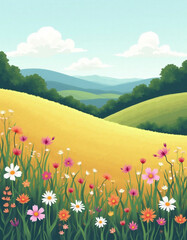 A bright illustration of a spring landscape with colorful wildflowers, rolling yellow hills, green trees and distant blue mountains. Illustration for a children book, postcards, cards. Generated by AI