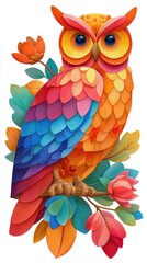 Fototapeta premium A vibrant, stylized owl perched on a branch, surrounded by colorful leaves and flowers, showcasing intricate patterns and bold hues.