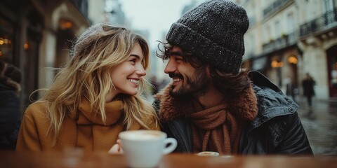 A couple is sitting at a table with a cup of coffee in front of them