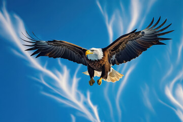 Obraz premium Bald eagle with outstretched wings soaring against a vibrant blue sky, showcasing powerful flight and freedom. Symbol of strength and independence in natural wildlife.