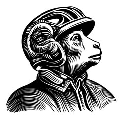 Detailed Woodcut of a Monkey Wearing a Vintage Helmet