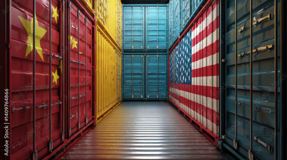 Poster containers with flags of china and united states create striking visual representation of internatio