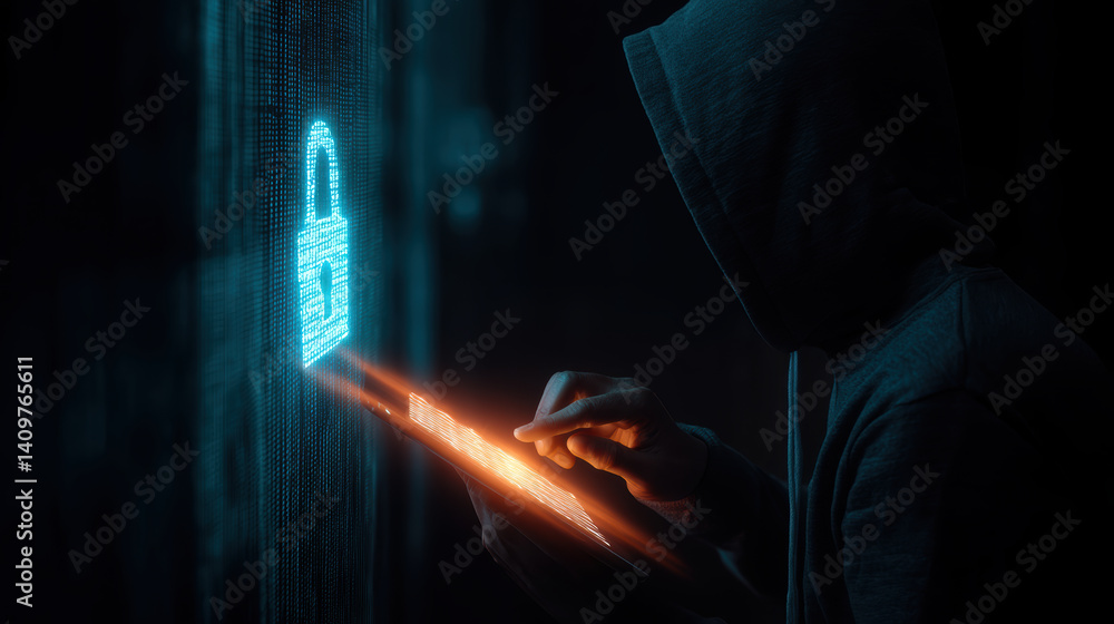 Poster hooded figure interacts with digital interface, symbolizing cybersecurity and hacking. glowing padlo