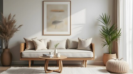 Modern living room design storage bench chair with warm wood and ivory fabric finish, Nordic style interior