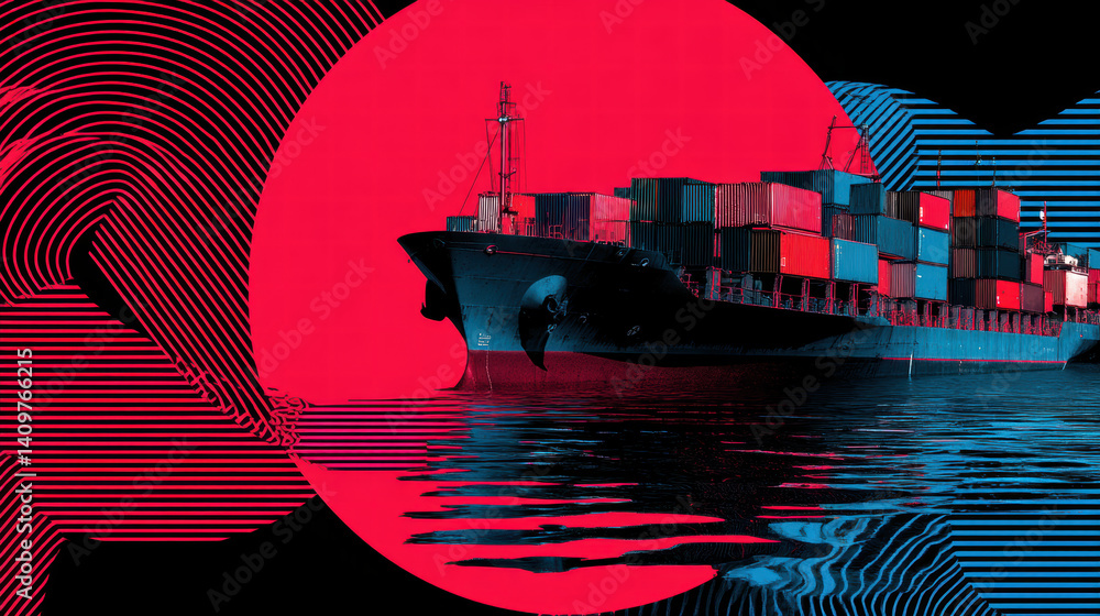 Poster large cargo ship loaded with colorful containers is docked calm waters, creating striking visual con