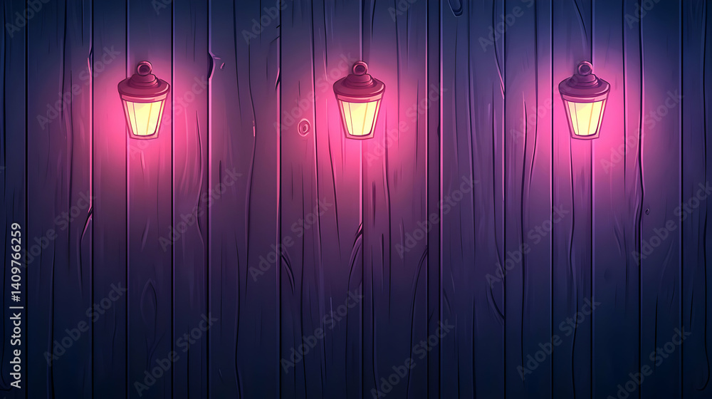 Poster pixel art wall with three glowing lanterns retro wood background texture panel in vertical compositi