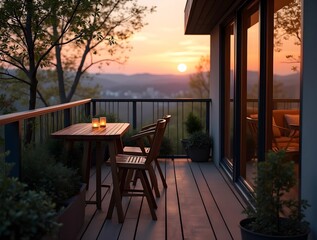 Small Nordic terrace with minimal wooden table and chairs on balcony under soft lighting