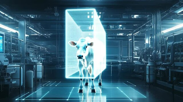 A cow stands in a smart milking parlor which automatically identifies and records data on its milk production and quality