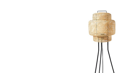 Closeup of hand-braided bamboo floor lamp isolated on white copy-space background.