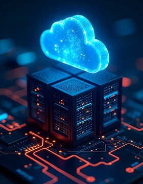 A digital rendering of a high-tech cloud server system. The image features a glowing cloud icon standing above a futuristic, cyberpunk-style data center.