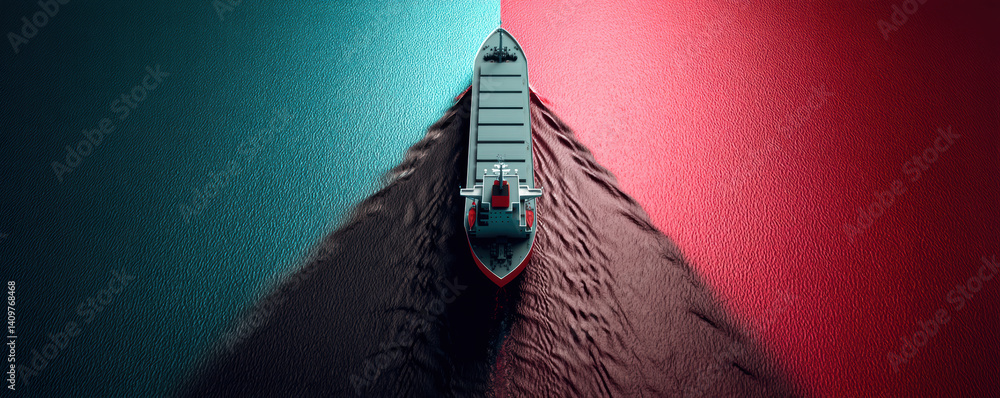 Poster large cargo ship navigates through contrasting waters, creating striking visual effect with dark and