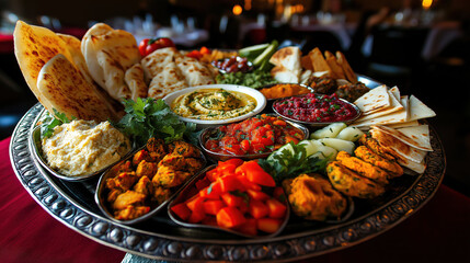 vibrant spread of traditional Middle Eastern mezze featuring various dips, breads, and fresh
