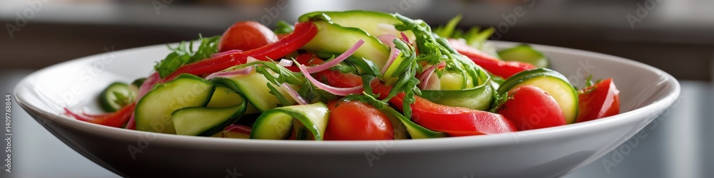 Poster a white bowl filled with a colorful salad of cucumbers, tomatoes, and peppers. the salad is arranged