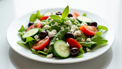 Vegan Greek Salad with Mixed greens with cucumbers, tomatoes, olives, and vegan feta cheese.