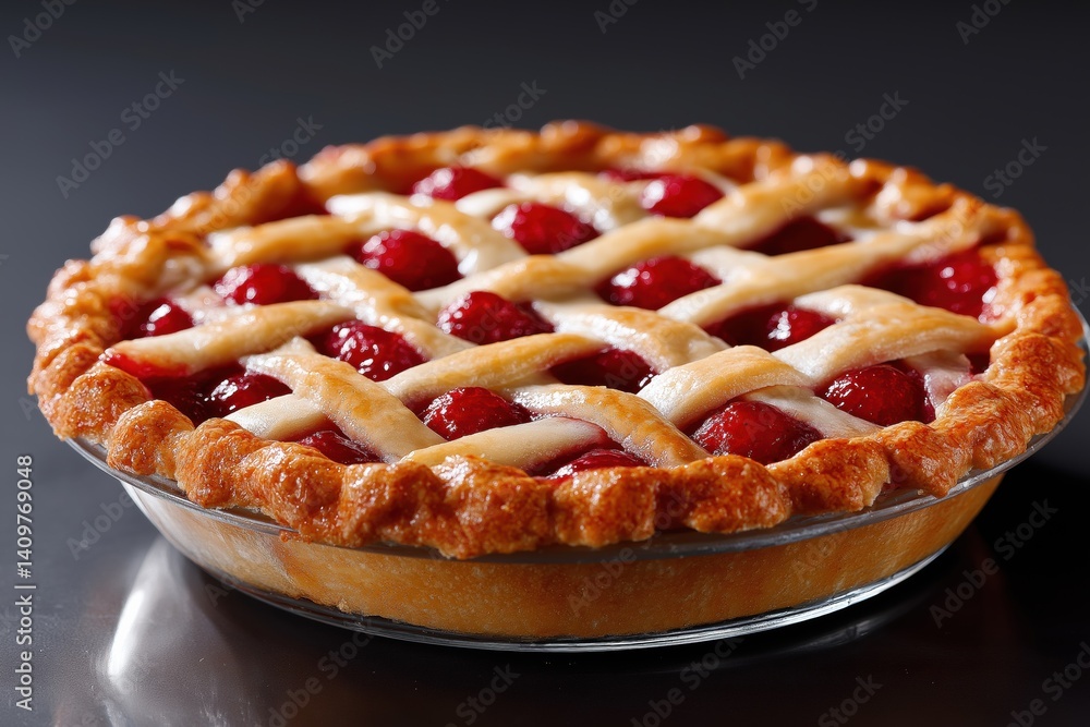 Poster a pie with a lattice crust and a lot of cherries. the pie is sitting on a table
